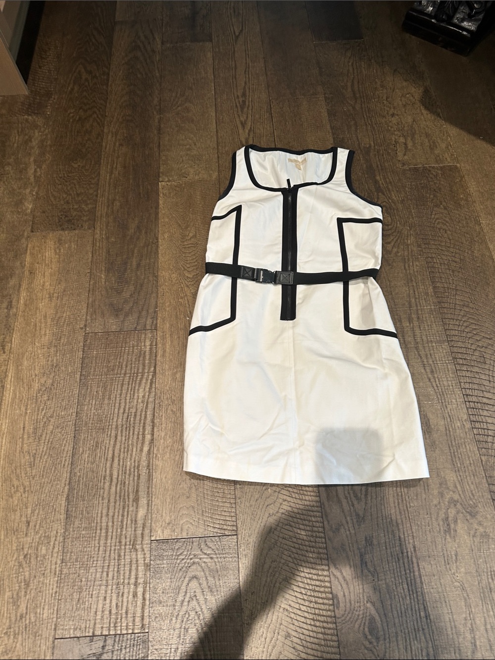 Michael Kors White Sleeveless Belted Dress with Black Trim